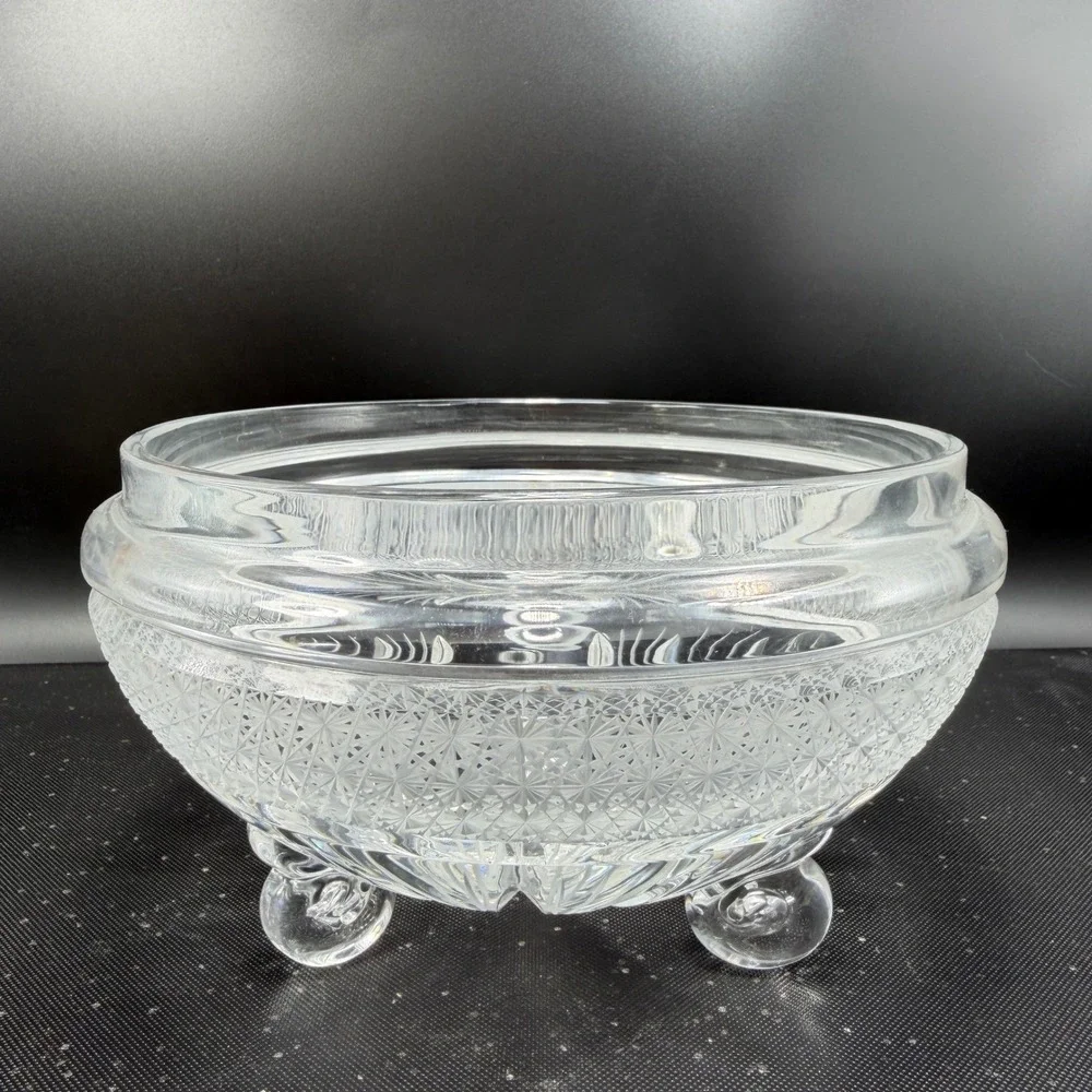 Signed Heavy Clear Crystal‎ Footed Bowl Etched Starburst Pattern Vintage Decor